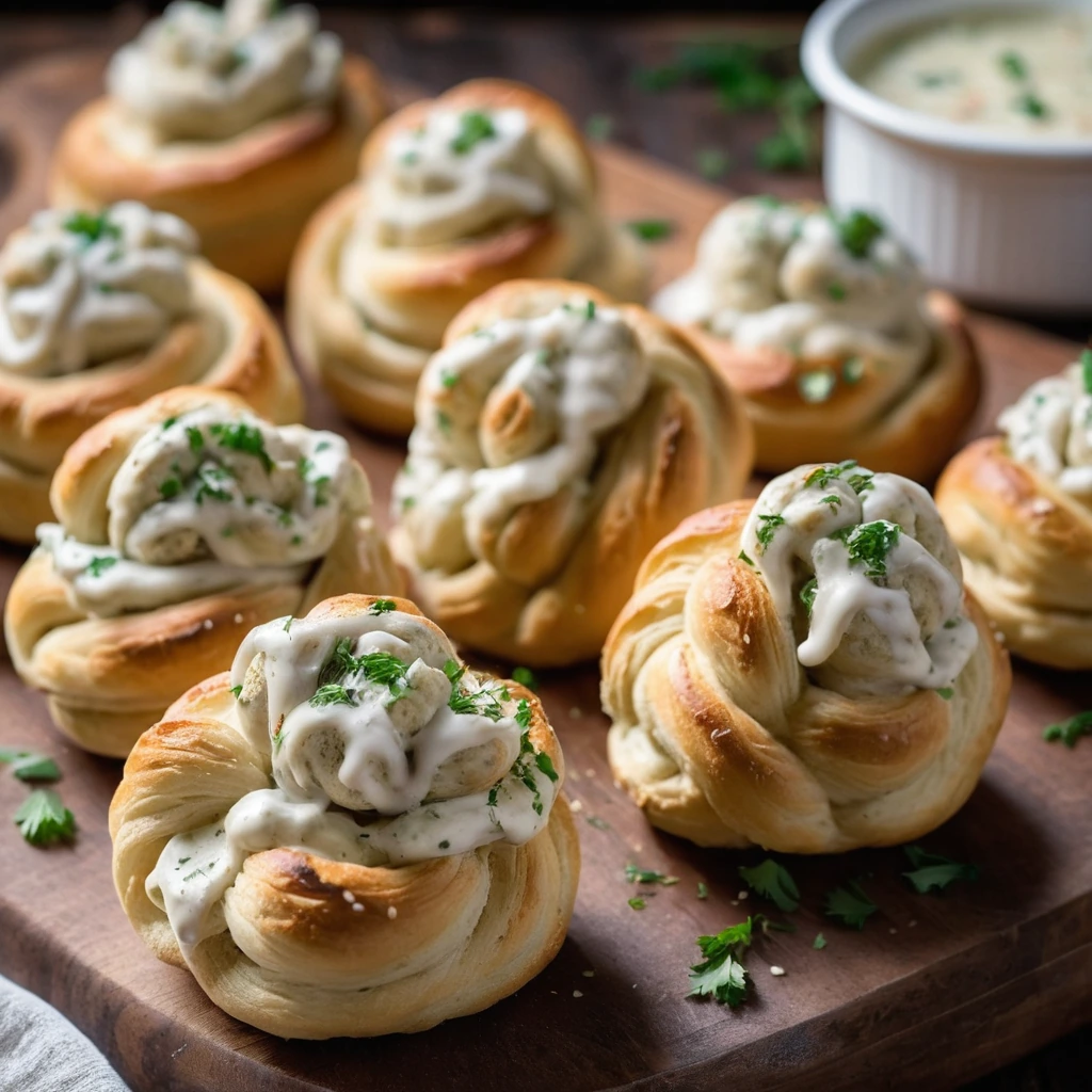 Golden brown garlic knots with creamy white filling, sprinkled with parsley on a rustic wooden board.