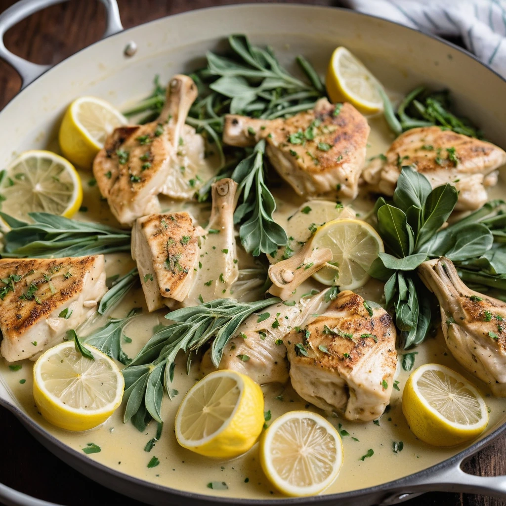 Golden chicken pieces nestled among artichoke hearts in a vibrant lemon sauce, served sizzling in a skillet.