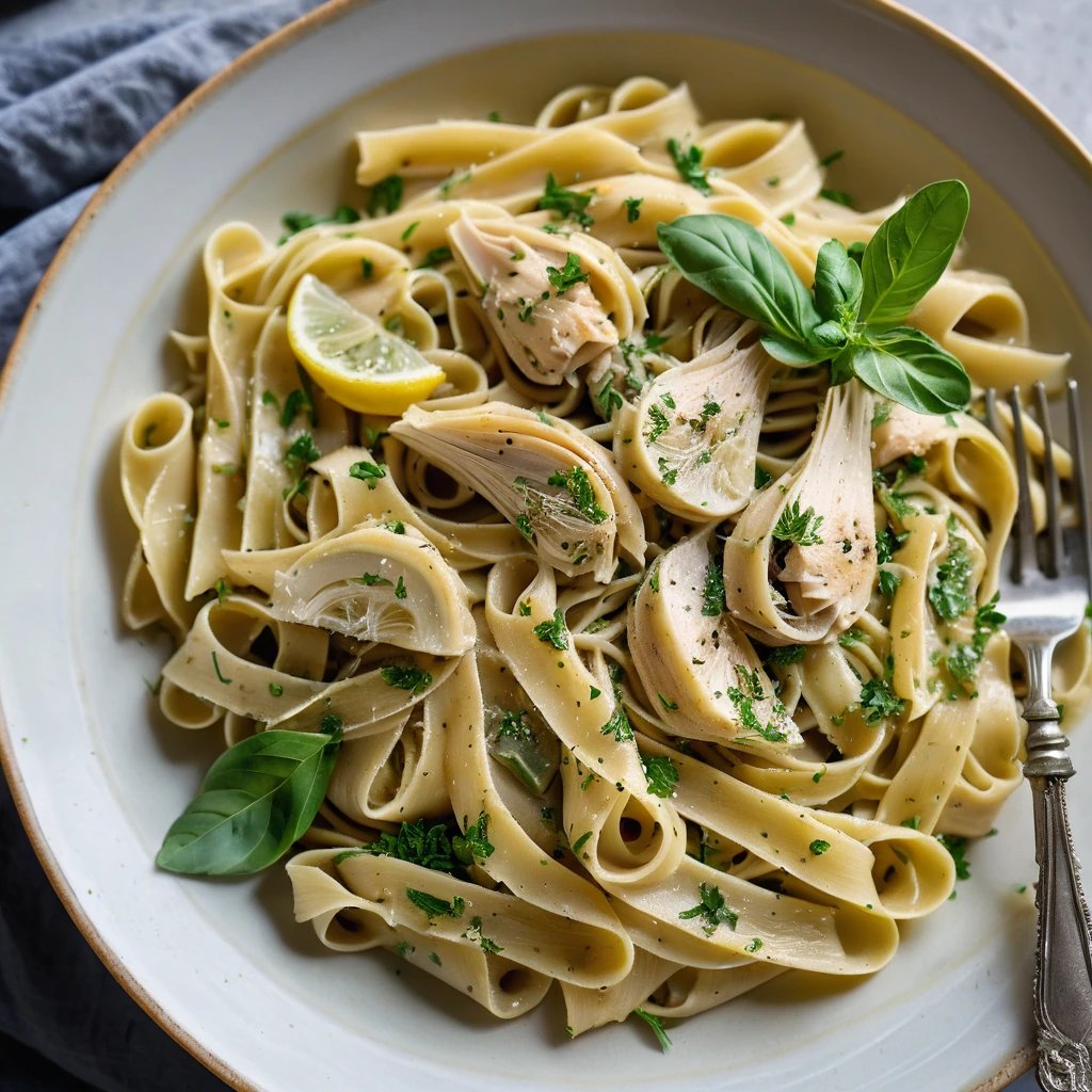 golden pasta twirled with tender chicken and artichoke hearts in a vibrant lemon sauce, garnished with fresh parsley.