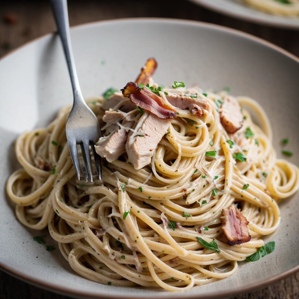 golden spaghetti twirled on a fork with crispy bacon, tender chicken, and creamy sauce in a rustic bowl