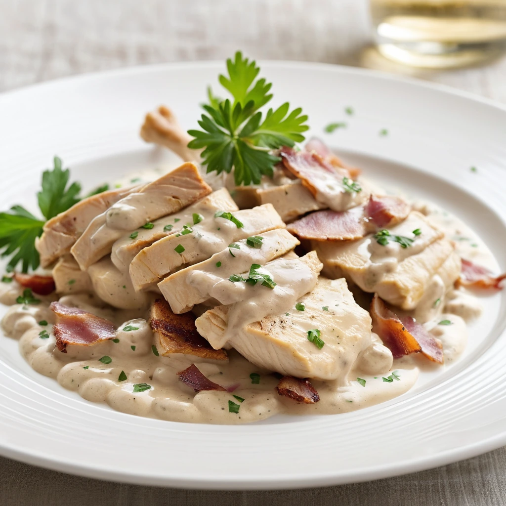 Creamy golden sauce with chicken and bacon served on a white plate with fresh parsley garnish.