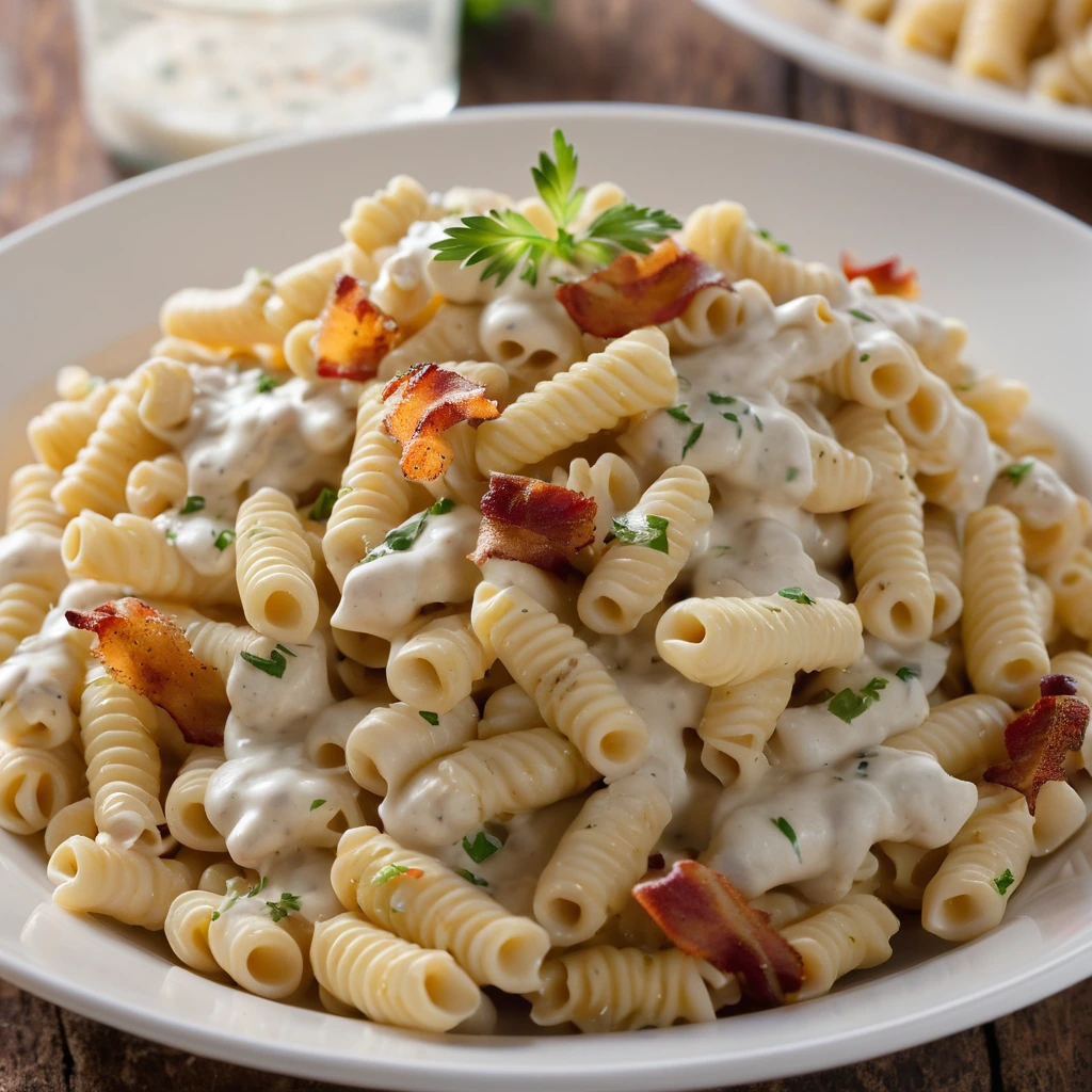 Golden macaroni in a creamy white sauce with chunks of chicken and crispy bacon, garnished with parsley.