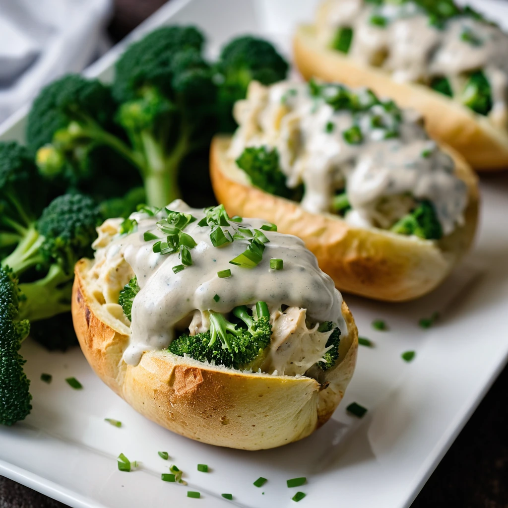 Four golden baked potatoes stuffed with white chicken, green broccoli florets, and creamy alfredo sauce, topped with melted cheese.