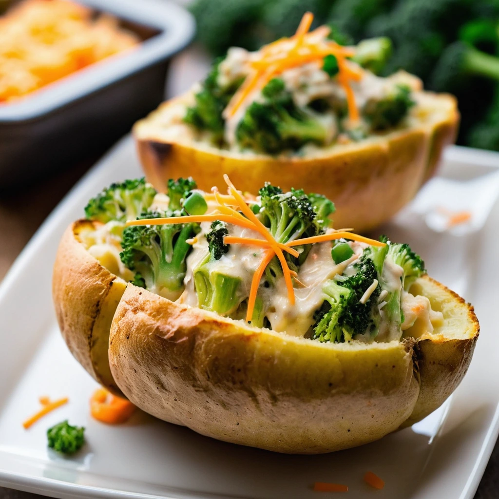 Four halved baked potatoes filled with a green and white mixture, topped with melted orange cheddar cheese.