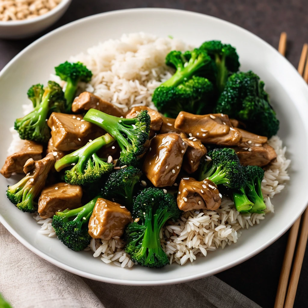 Chicken and broccoli in a glossy brown sauce served on a plate with vibrant green broccoli and golden chicken pieces.