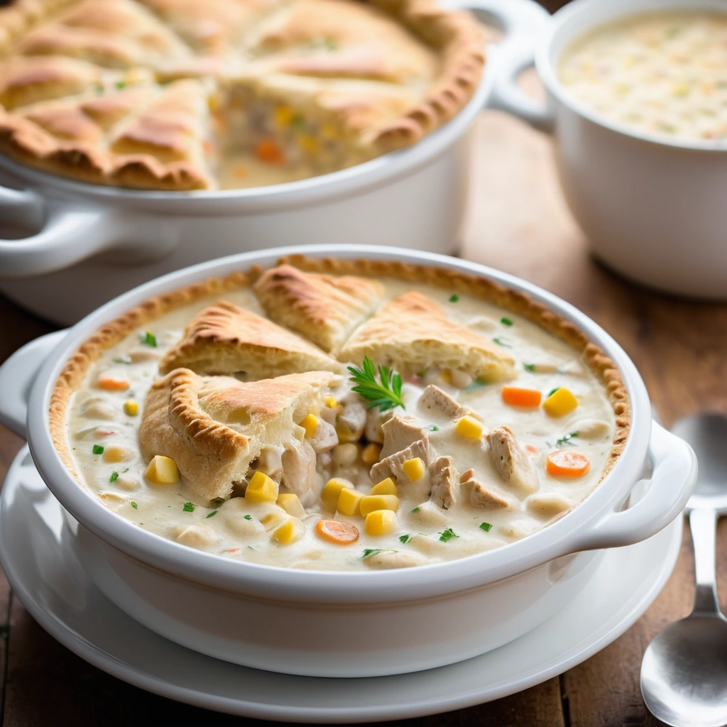 Golden brown biscuit-topped pot pie filled with creamy yellow chowder and chunks of chicken and corn