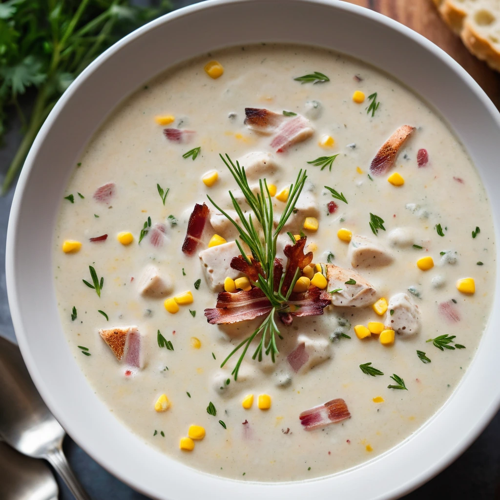 Creamy golden chowder in a rustic bowl, topped with green thyme sprigs and crispy bacon bits.