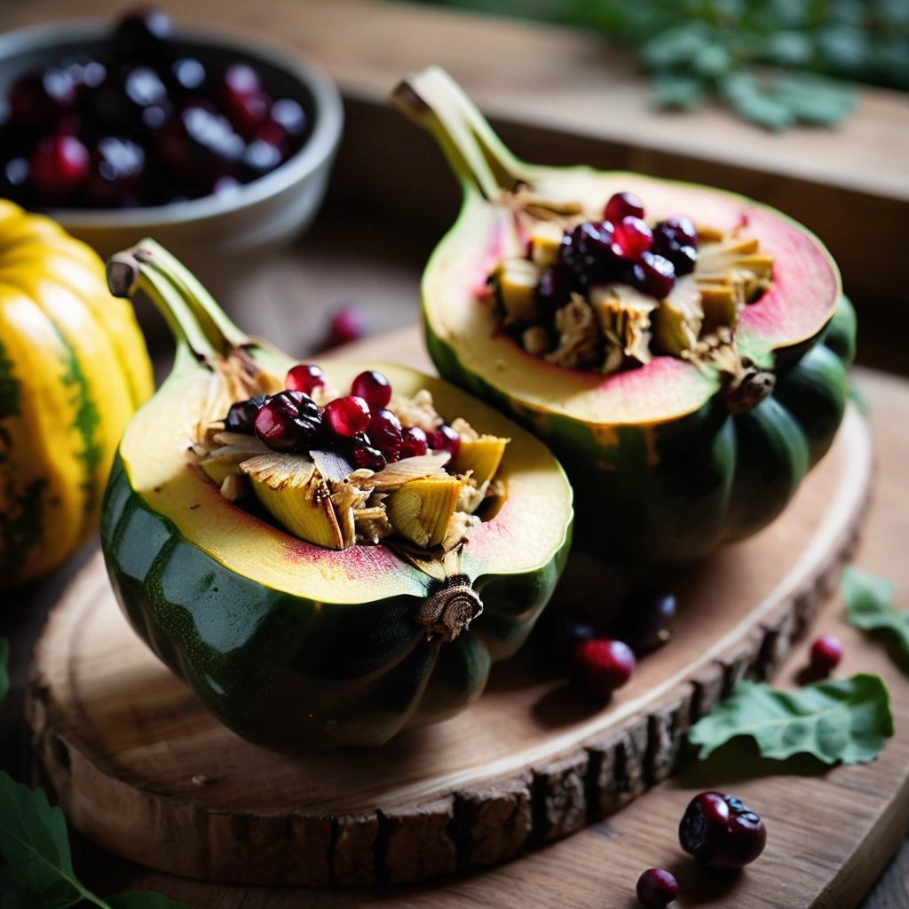 Halved acorn squash filled with golden chicken and red cranberries, nestled on a rustic wooden board.