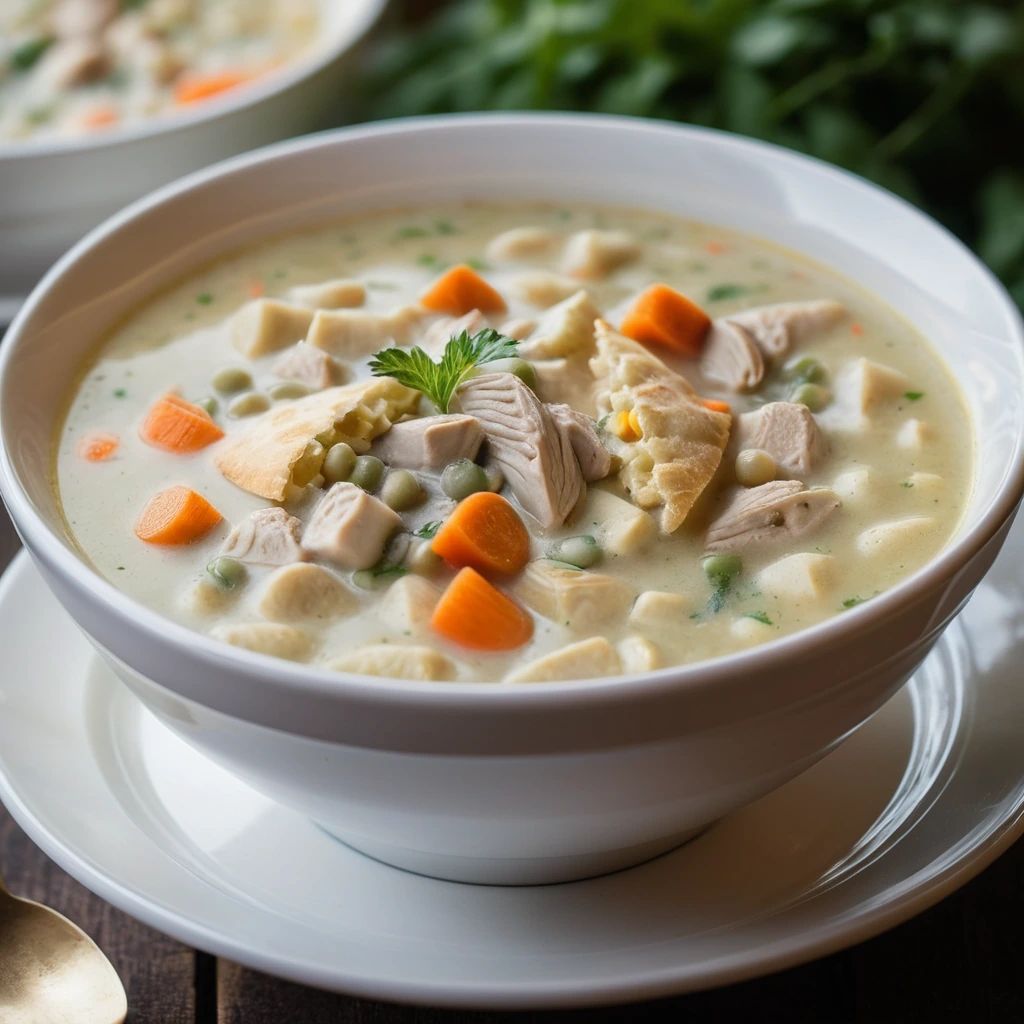 Golden flaky crust atop a steamy bowl of creamy soup with chunks of chicken and gnocchi.