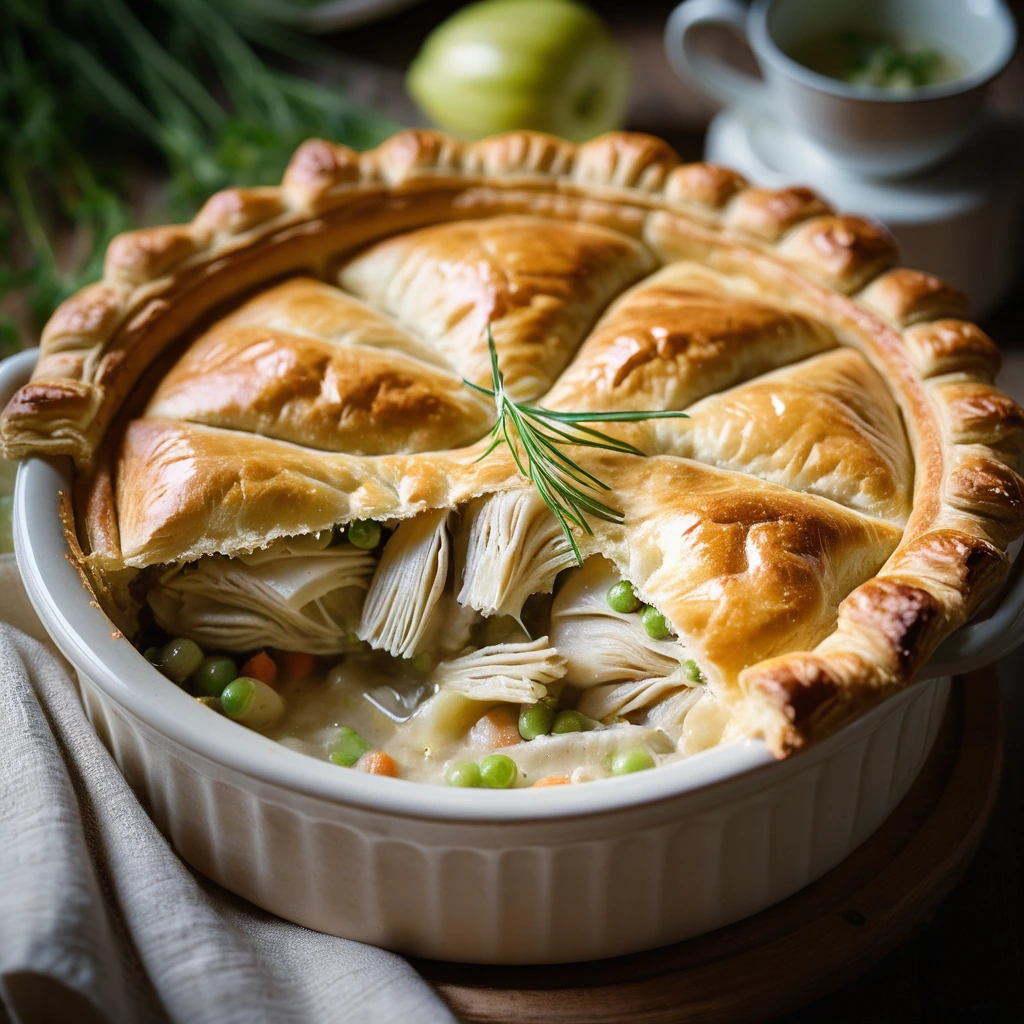 Golden pot pie in a rustic dish with flaky pastry crust and visible creamy filling.