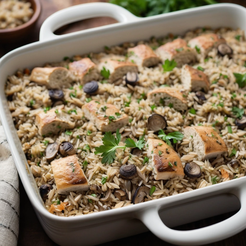 Baked casserole in a rectangular dish with golden-brown topping, creamy interior, and green parsley garnish.