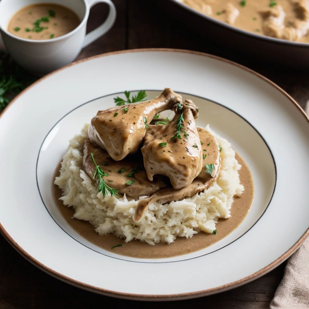 Golden roasted chicken pieces over a bed of creamy white parsnip mash, drizzled with dark brown gravy.
