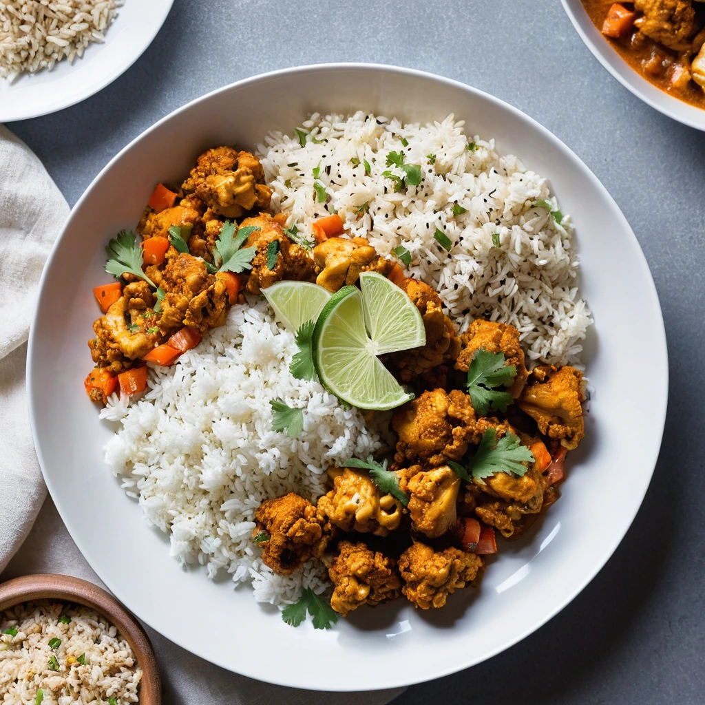 Golden roasted cauliflower and chicken pieces in a vibrant orange sauce, served over a bed of white rice.