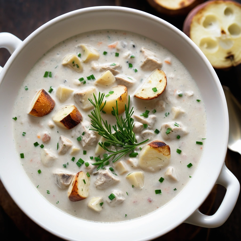 Steamy bowl of creamy chowder with chunks of chicken and potatoes, sprinkled with fresh chives.