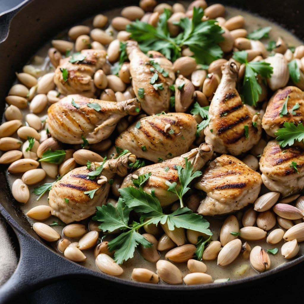 A sizzling skillet with golden chicken pieces, creamy white beans, and caramelized roasted garlic cloves.