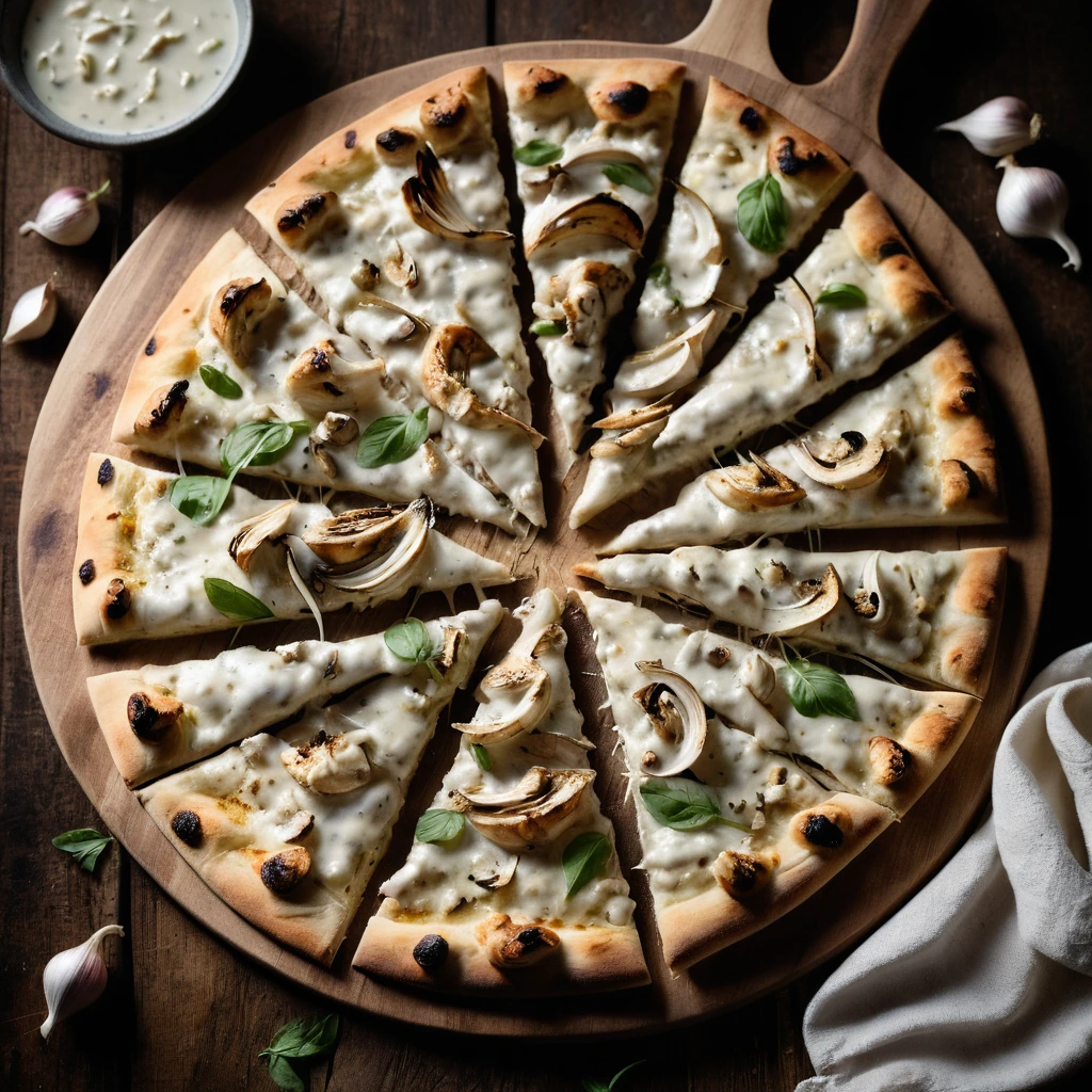 Golden pizza with white sauce, roasted garlic cloves, shredded chicken, and melted mozzarella in a rustic wood-fired style.