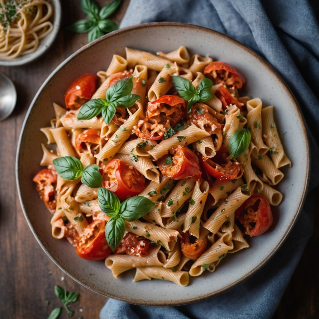 Pasta in a creamy tomato sauce with roasted red peppers and chicken pieces served in a rustic bowl.