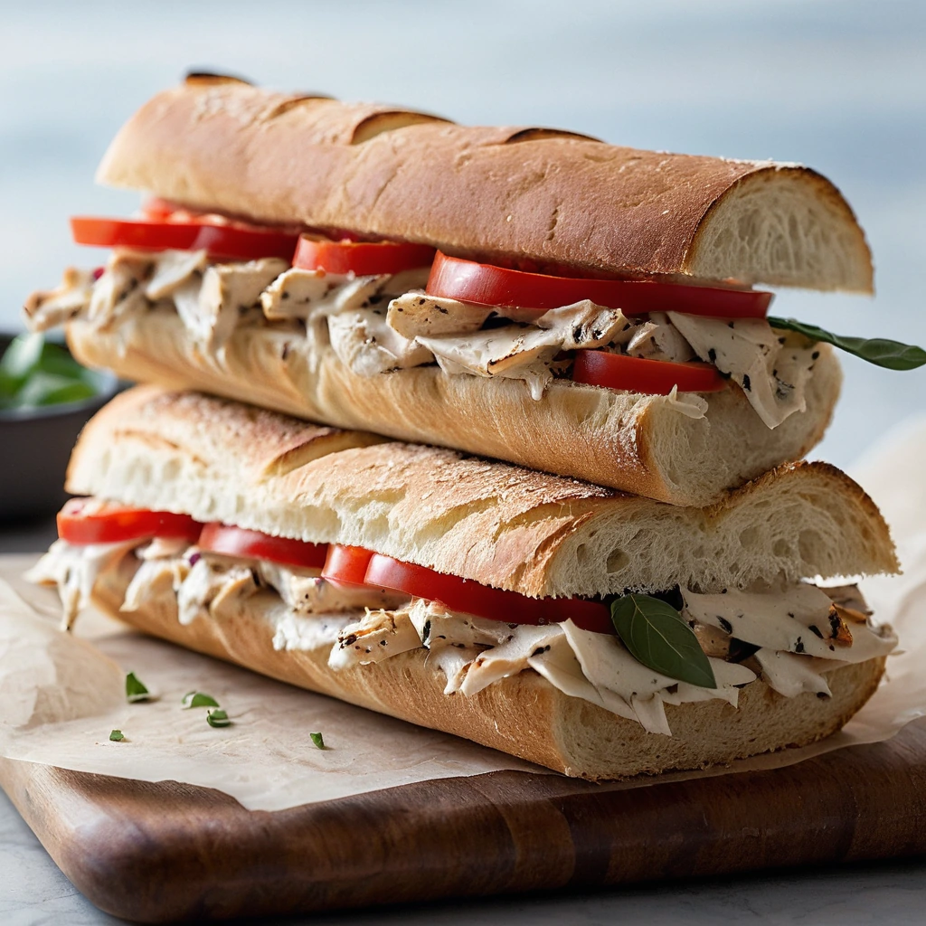 Melted cheese oozes from a ciabatta sandwich with visible roasted red peppers and chicken slices.