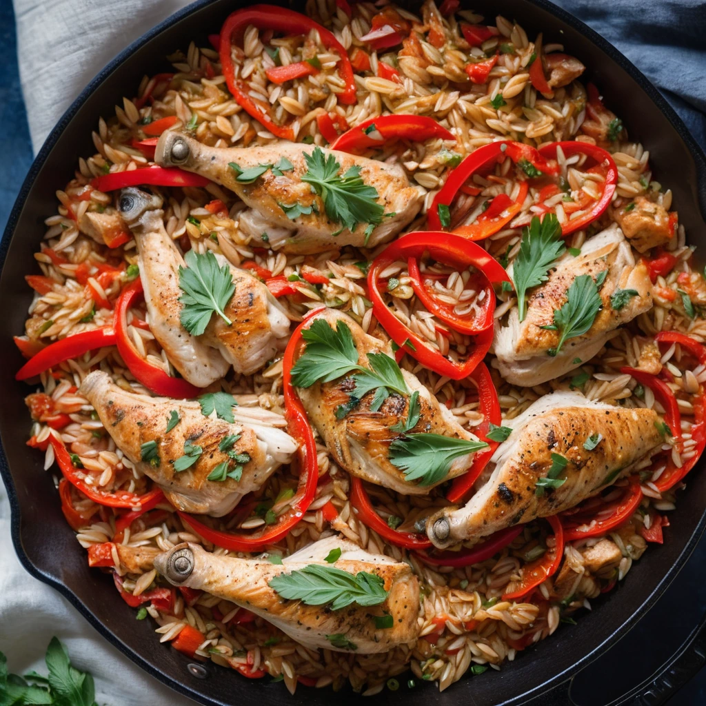 Colorful skillet dish with orzo, diced chicken, and roasted red peppers.