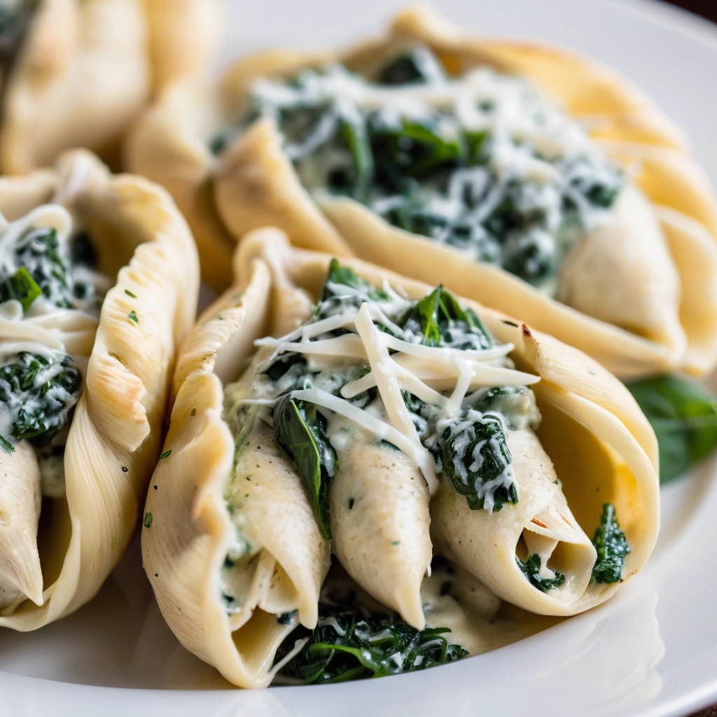 Baked pasta shells stuffed with chicken, spinach, and creamy Alfredo sauce, topped with melted mozzarella and Parmesan.