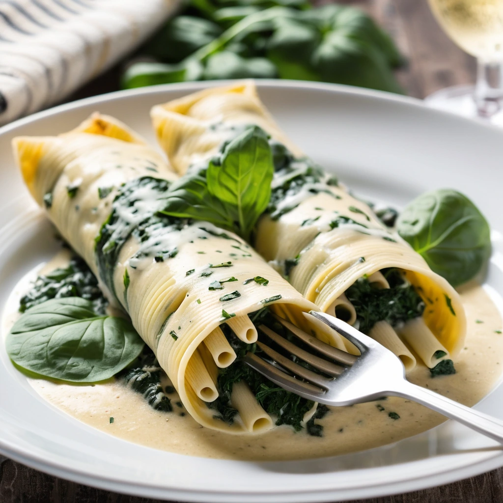 Baked manicotti tubes in a bubbly golden cheese sauce, topped with fresh parsley.