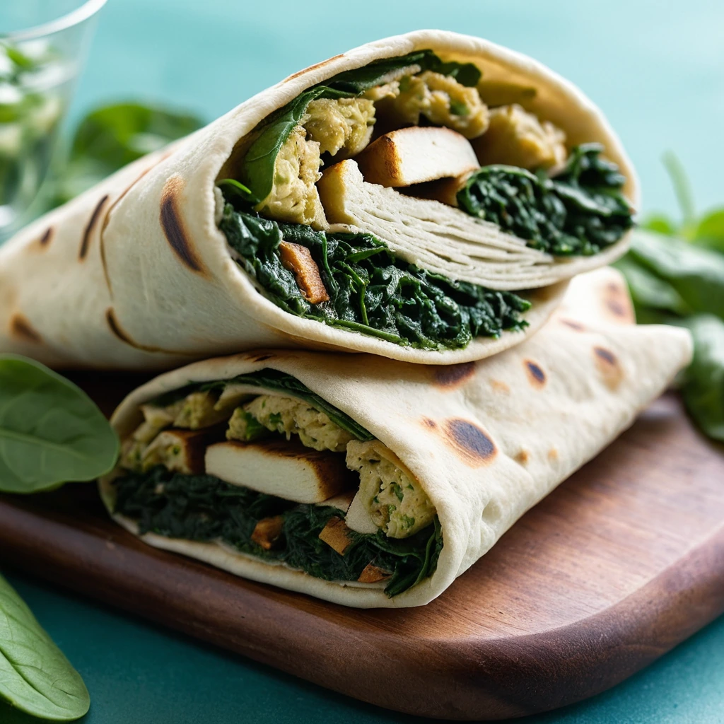 Warm naan wraps filled with chicken and spinach, vibrant green with golden hues, garnished with fresh cilantro.