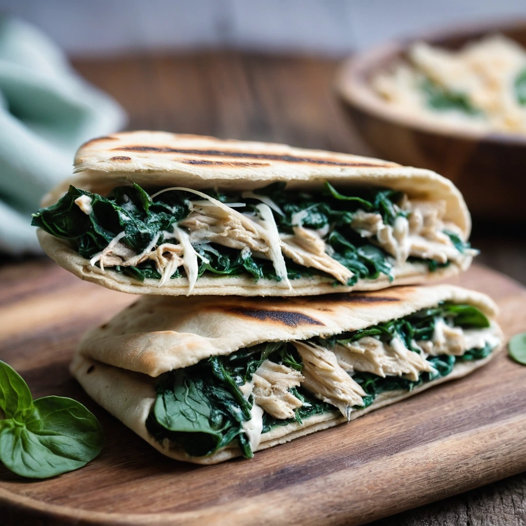 Open-faced pitas filled with shredded chicken, spinach, and melted cheese, arranged on a rustic wooden board.