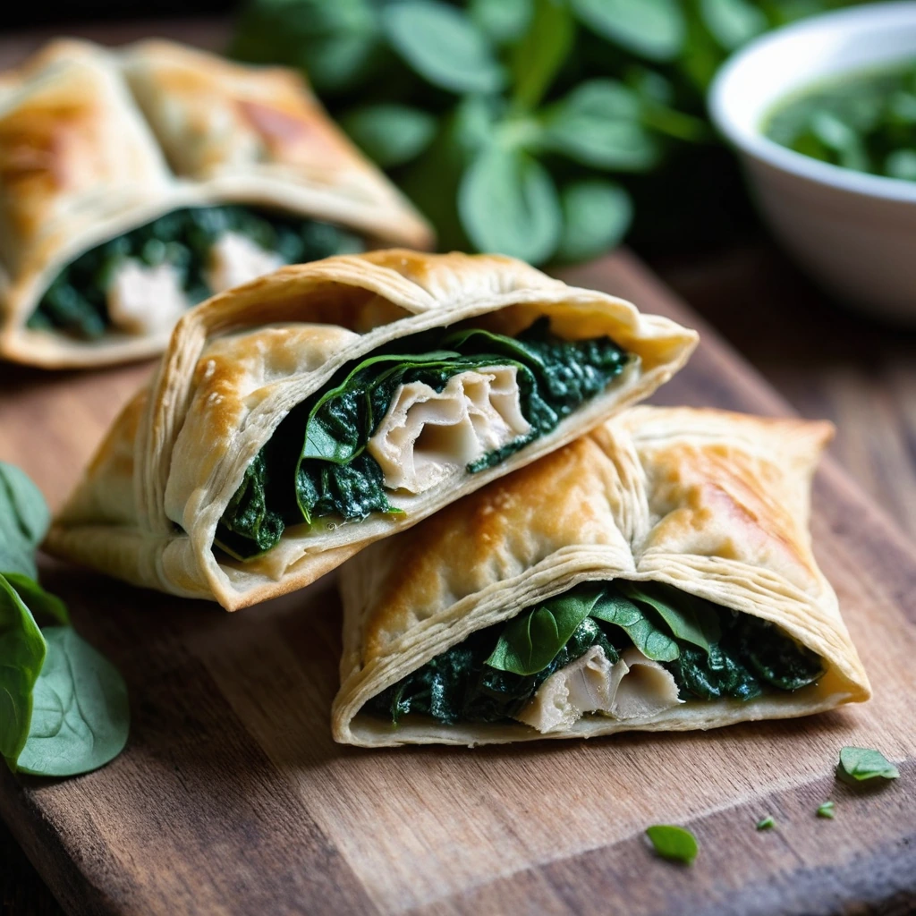 Golden brown puff pastry pockets filled with green spinach and white chicken, arranged on a rustic wooden board.