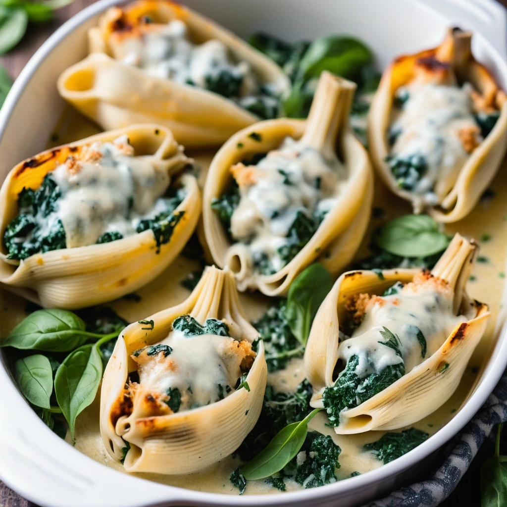 Baked shells filled with chicken and spinach in a golden, bubbly cheese sauce, topped with parsley.