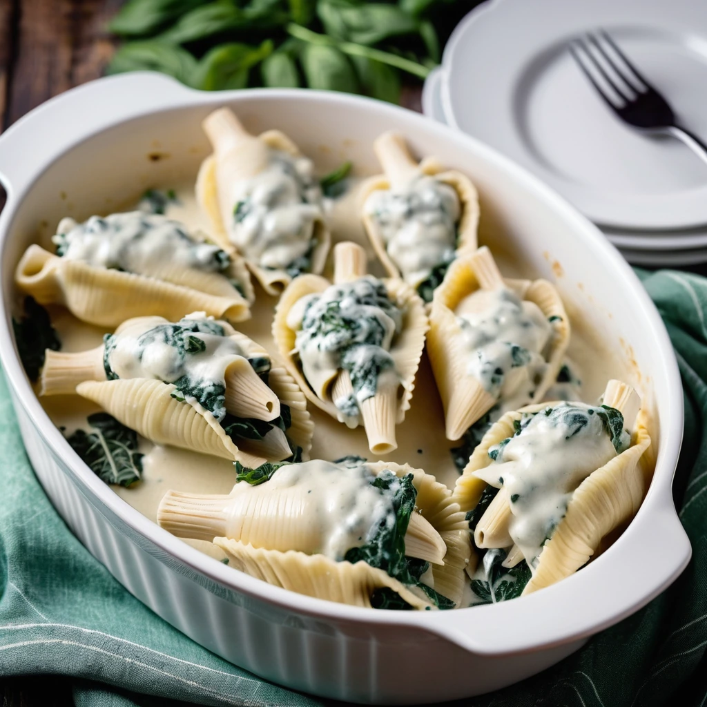 Golden jumbo shells filled with chicken and spinach, covered in creamy white sauce, baked to perfection in a casserole dish.