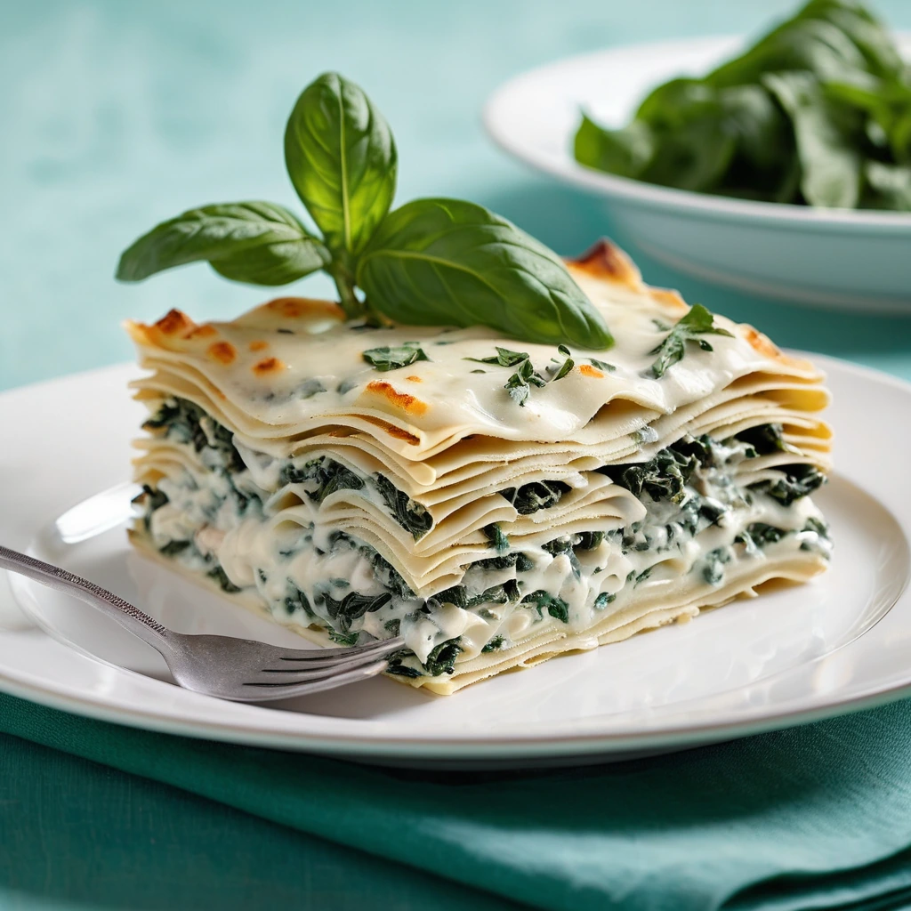 Baked lasagna with layers of white sauce, spinach, and chicken, topped with melted cheese and a sprinkle of parsley.