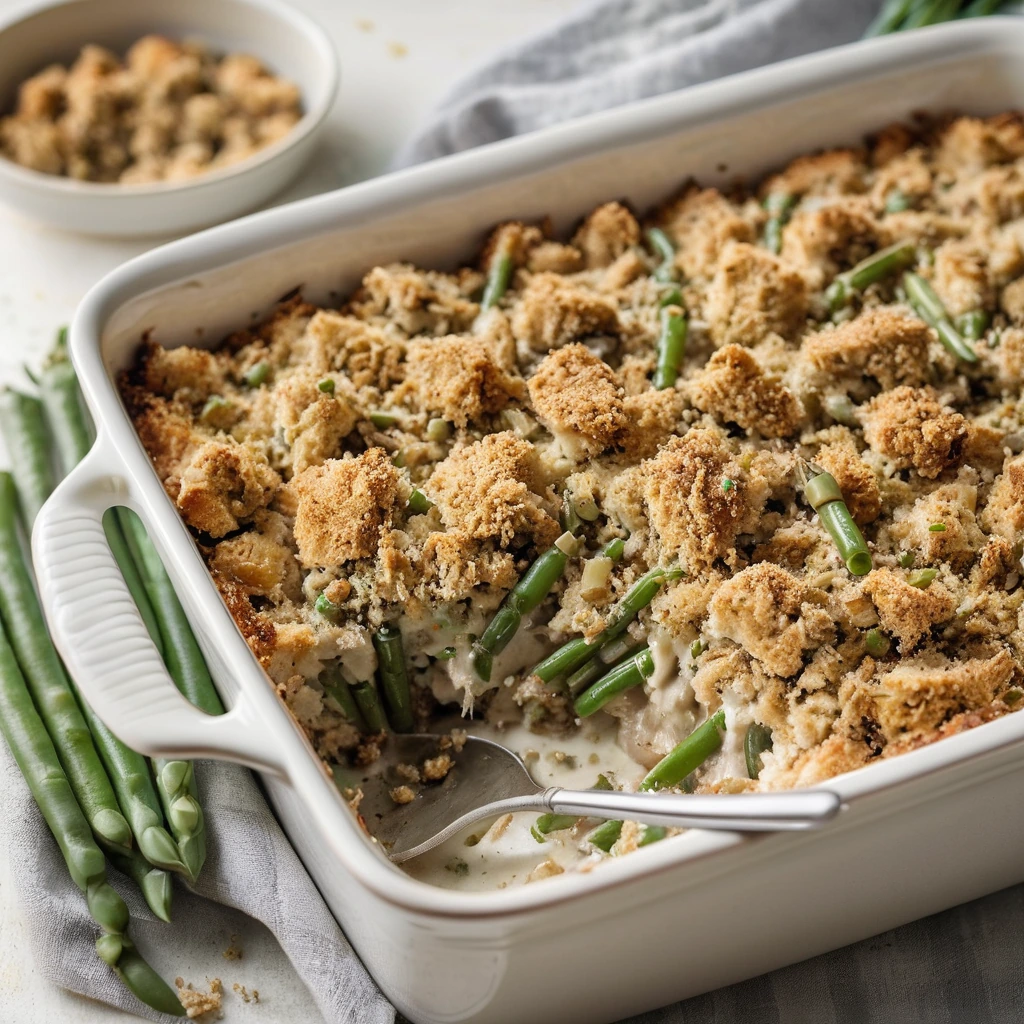 Golden casserole dish with creamy topping, green beans poking out, and a sprinkle of crispy breadcrumbs.