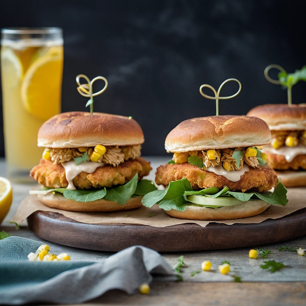 Two sandwiches with golden fritters on toasted buns, drizzled with sauce, garnished with fresh parsley on a rustic plate.