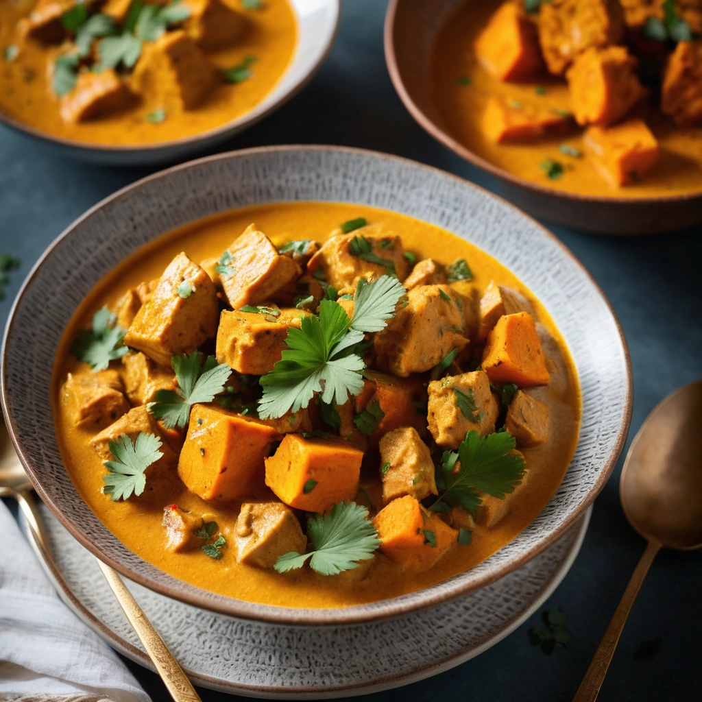 Golden chunks of chicken and vibrant orange sweet potatoes simmered in a rich, golden curry sauce in a shallow bowl, garnished with fresh cilantro.