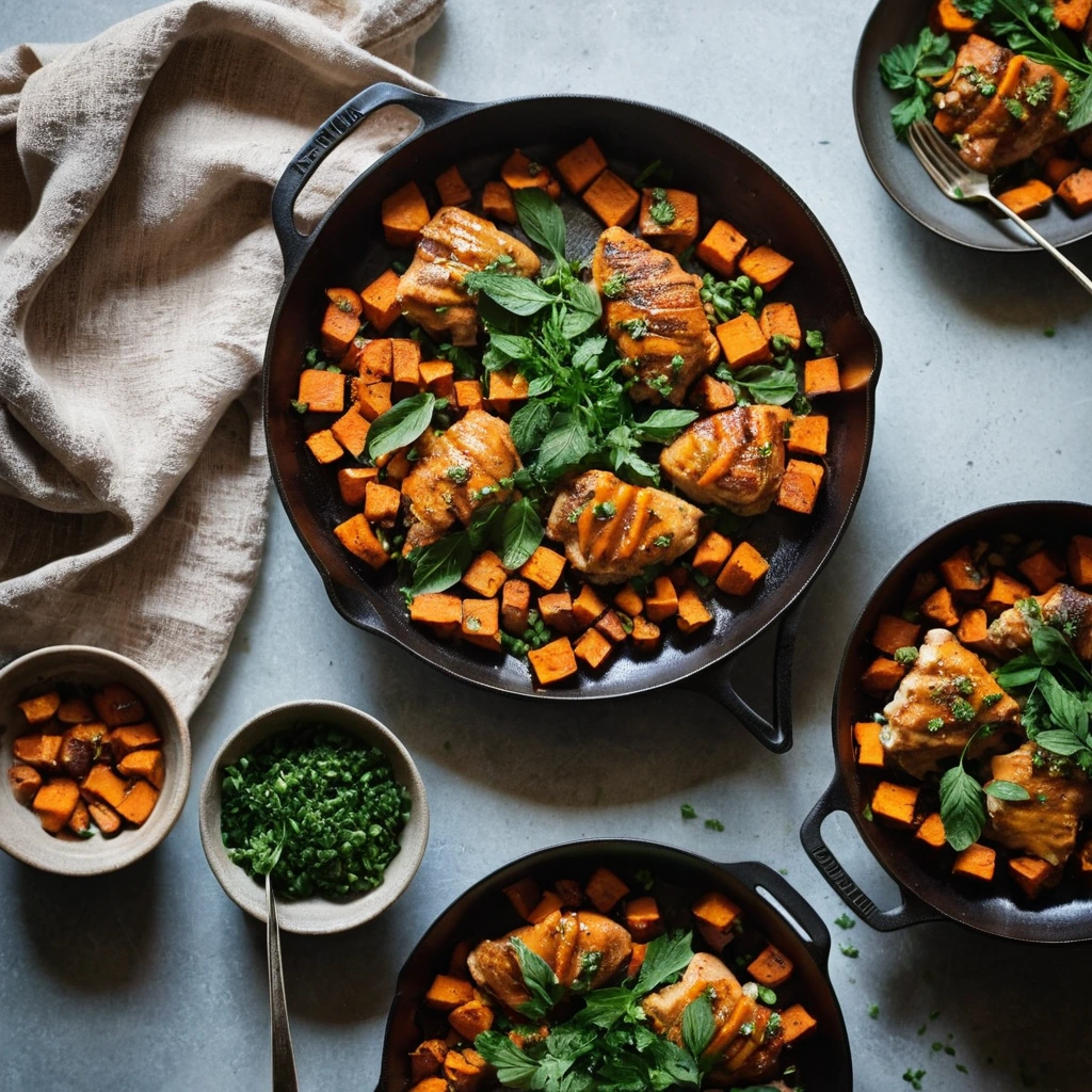 Golden chicken thighs with caramelized sweet potato cubes in a skillet, topped with vibrant green herbs and a glossy maple chili butter drizzle.