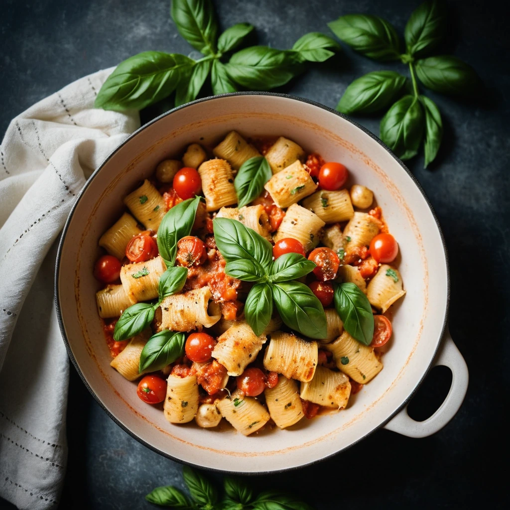 Golden bubbly casserole dish filled with gnocchi, chicken, and tomato sauce sprinkled with fresh basil.