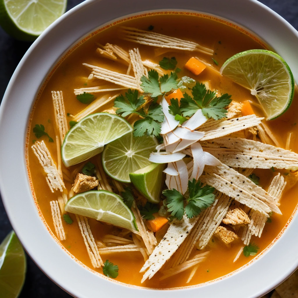 Golden tortilla strips float in a vibrant orange soup with chunks of white chicken breast.