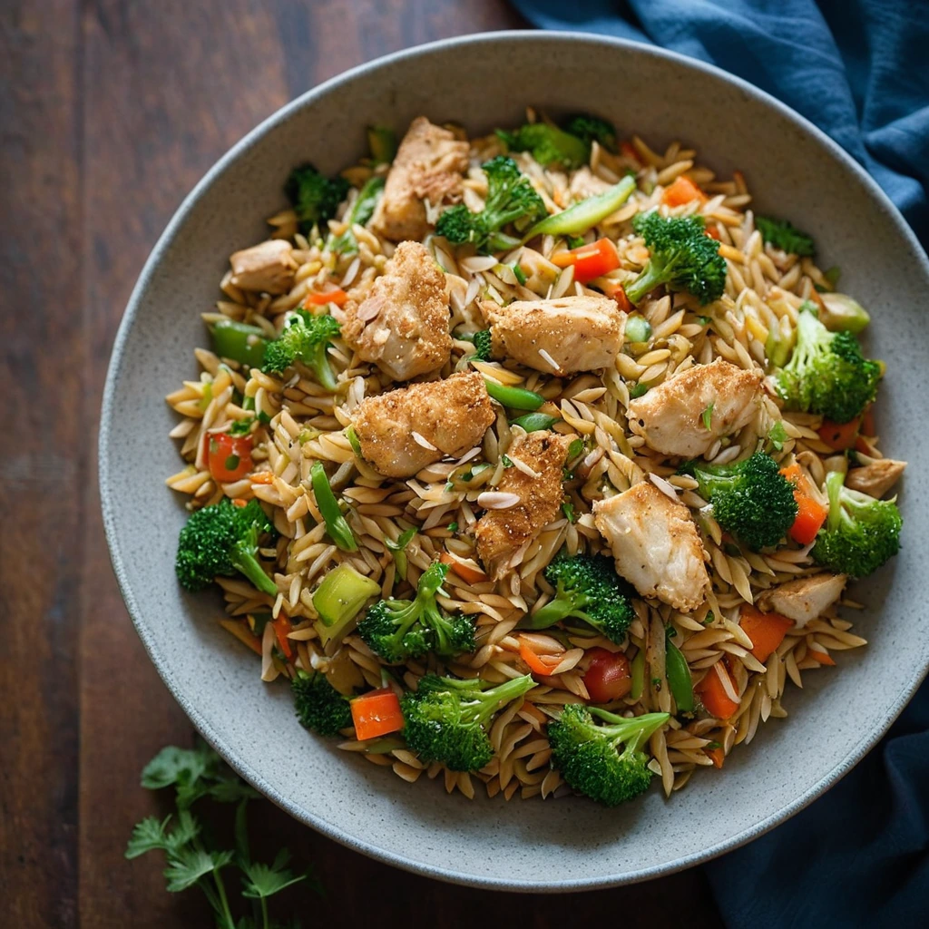 golden orzo in a wok with diced chicken and vibrant vegetables in a savory sauce
