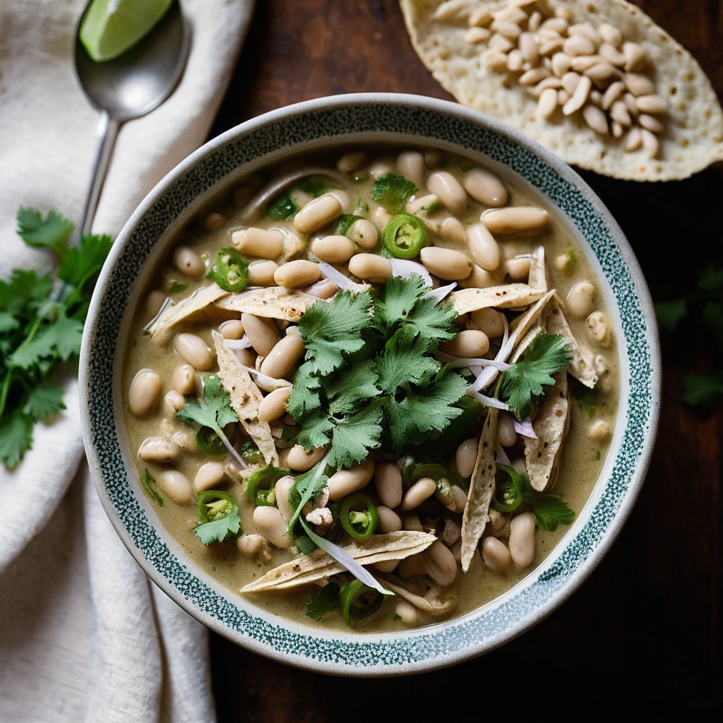 Bowl of green chili with white beans and shredded chicken topped with cilantro