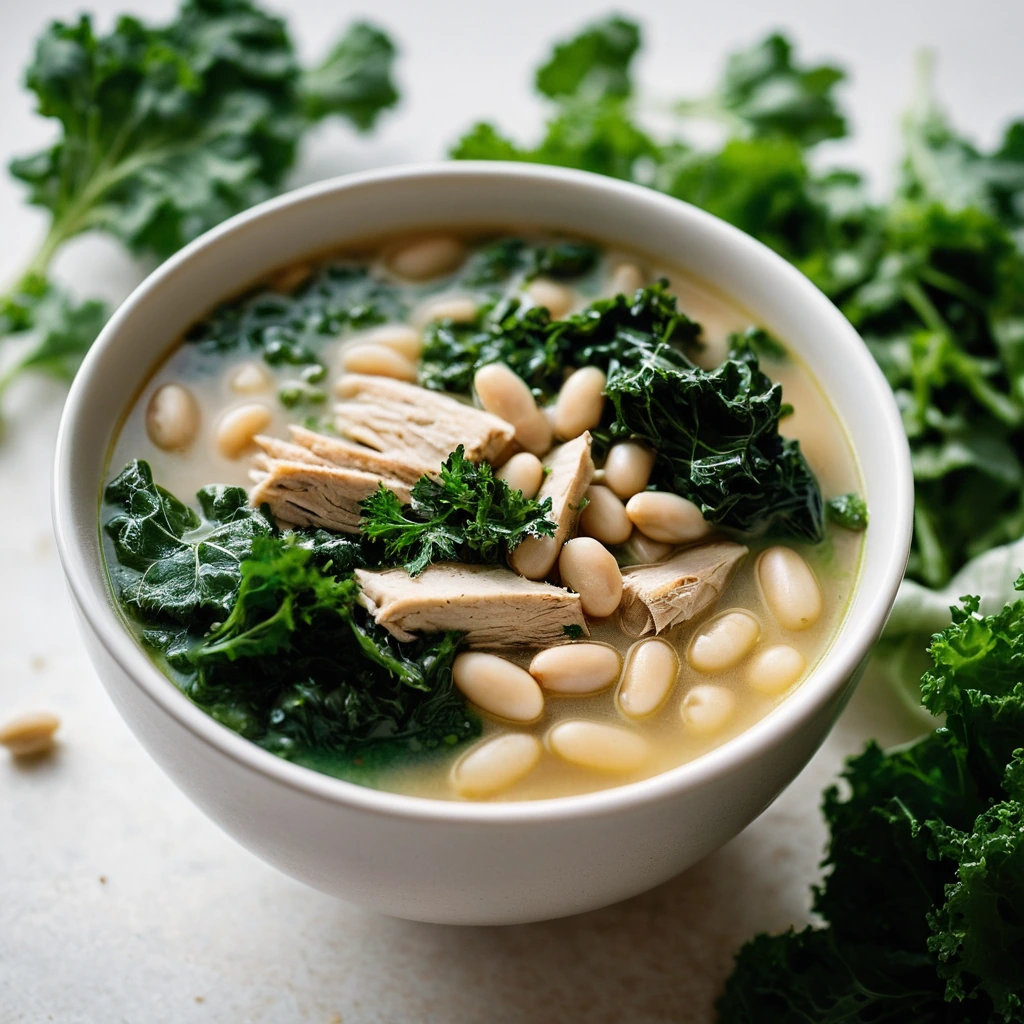 Steaming bowl of green kale, white beans, and shredded chicken in a golden broth