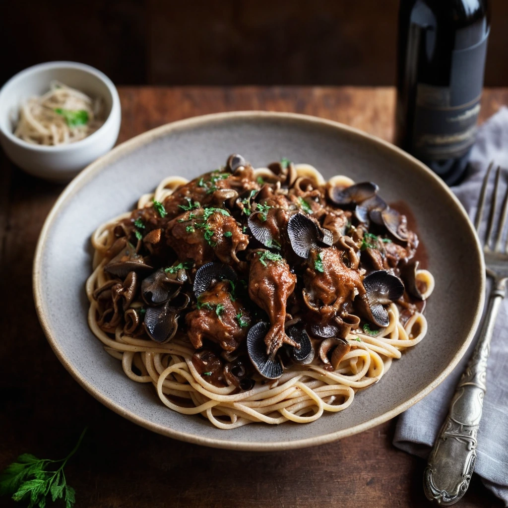 Steaming bowl of dark red sauce with tender chicken and earthy mushrooms over pasta