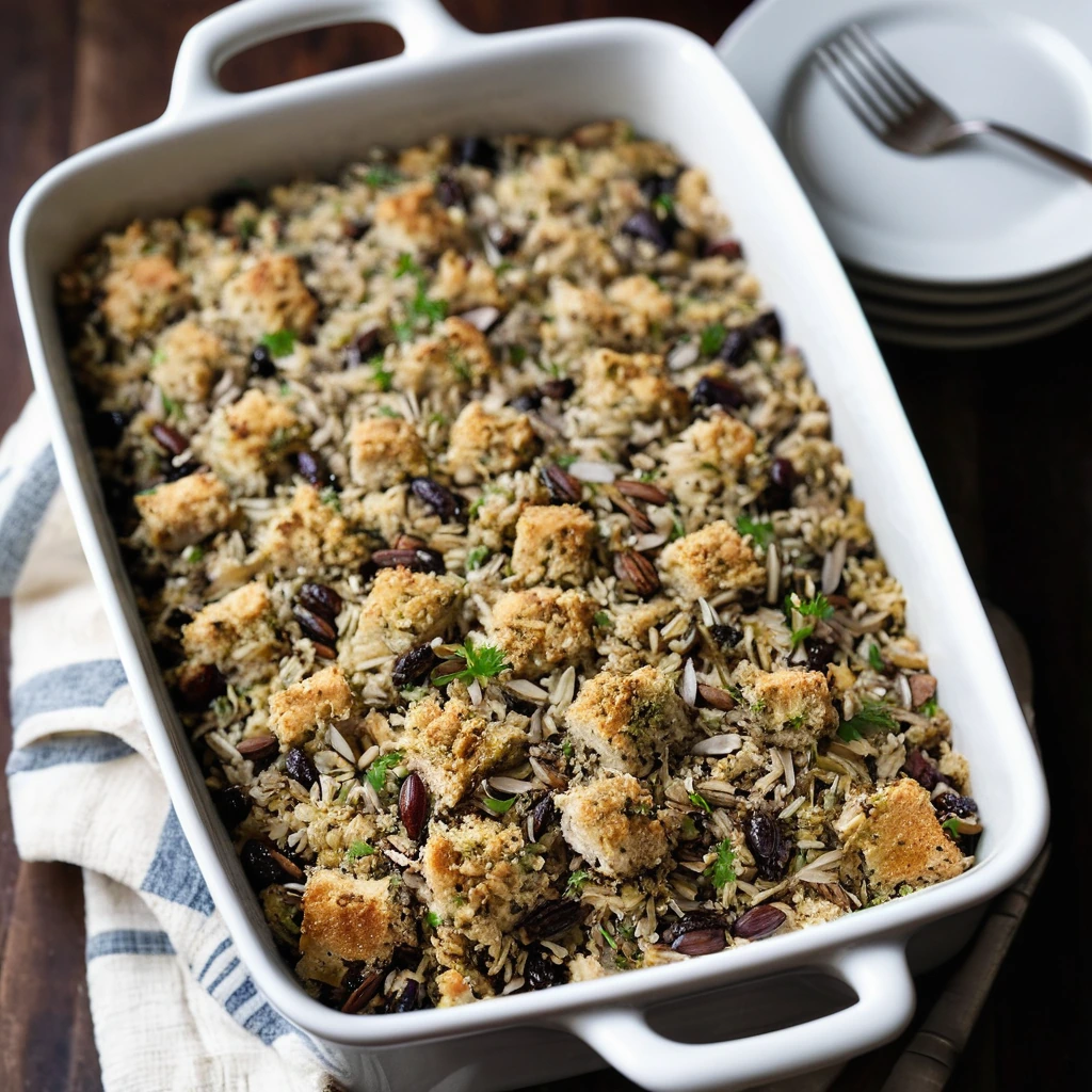 A casserole dish filled with golden-brown chicken and wild rice stuffing topped with a crispy, herbed breadcrumb layer.