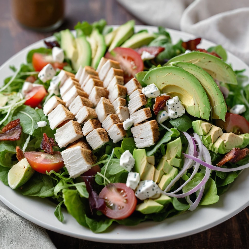 Colorful salad bowl with greens, diced chicken, avocado slices, bacon bits, and a drizzle of ranch dressing.