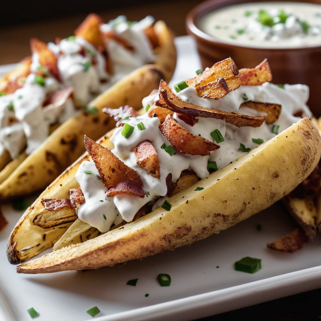Golden potato wedges topped with shredded chicken, crumbled bacon, and drizzled with ranch dressing on a serving platter.