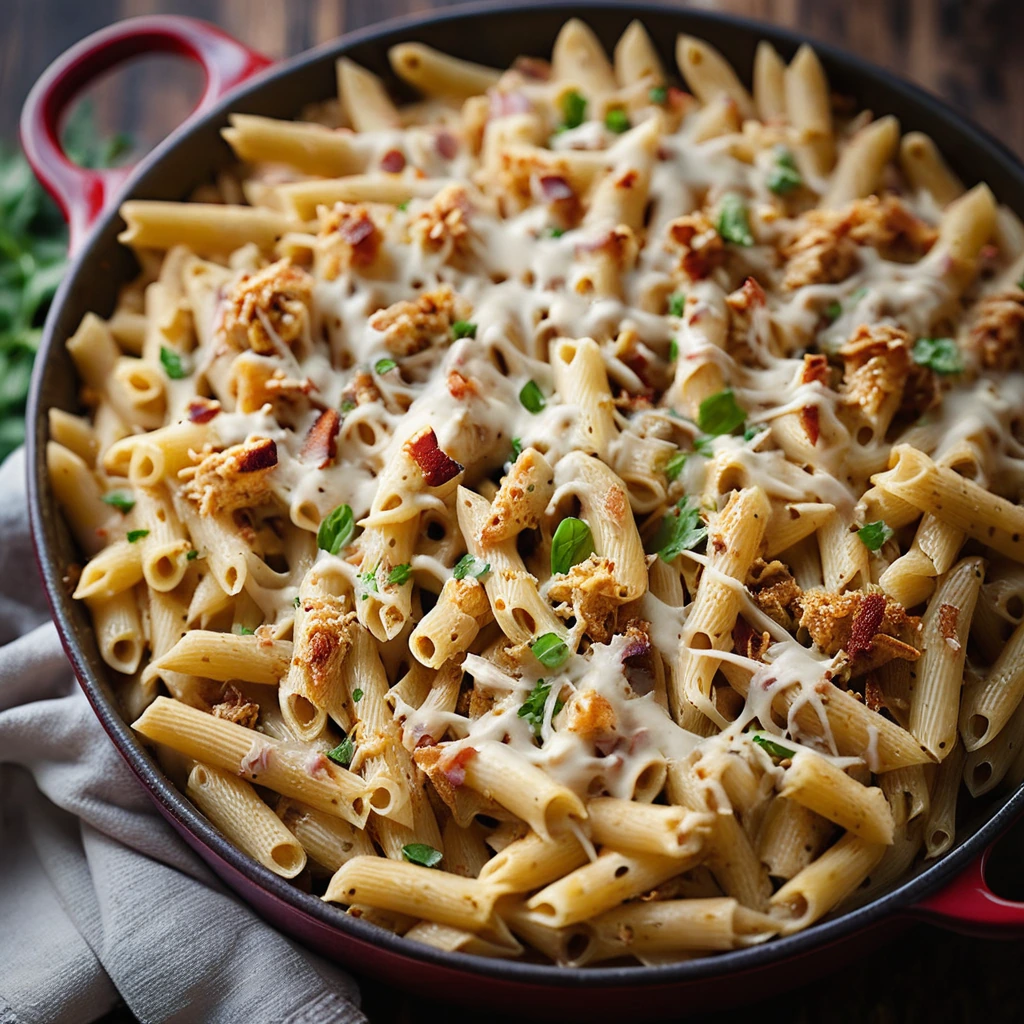 Golden, bubbly pasta bake with crispy bacon bits and shredded chicken in a creamy ranch sauce, topped with melted cheddar.