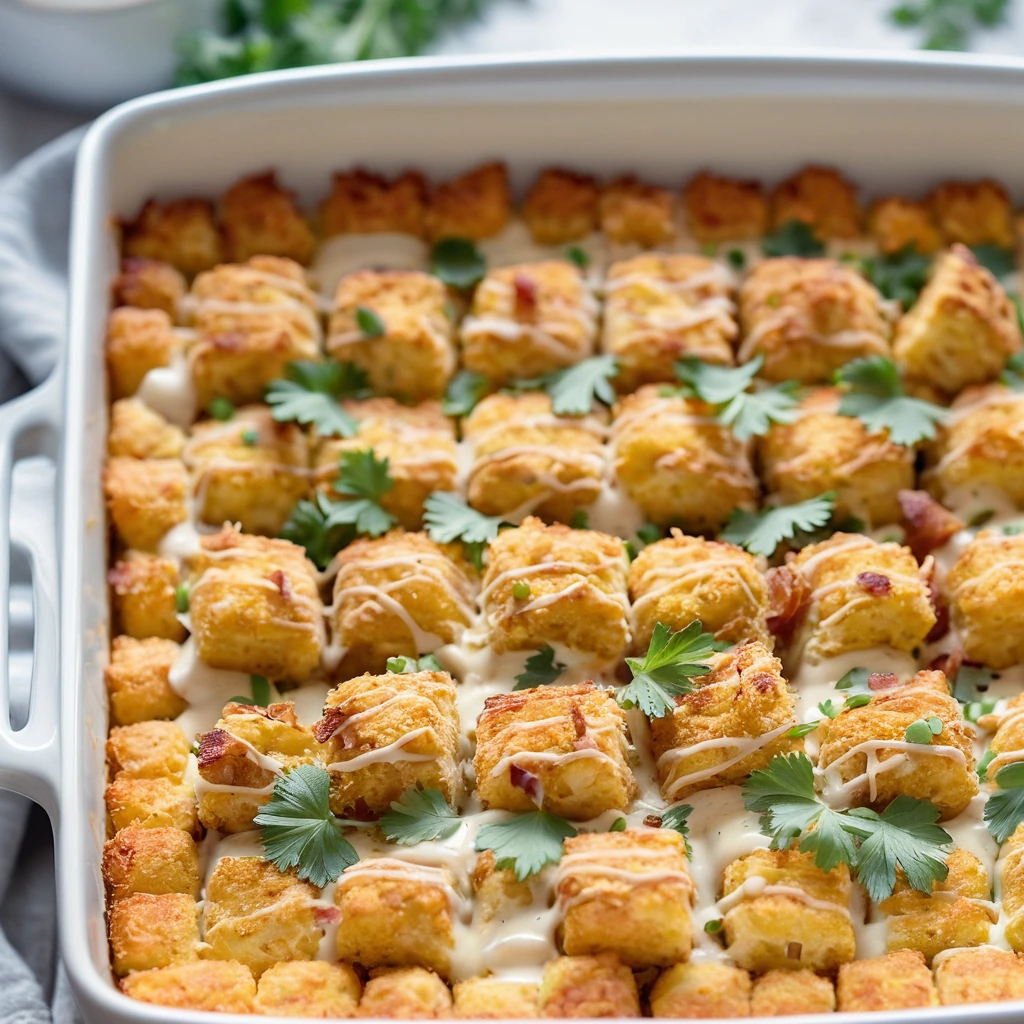 Baked casserole with layers of golden tater tots, shredded chicken, bacon, and creamy sauce, topped with melted cheese.