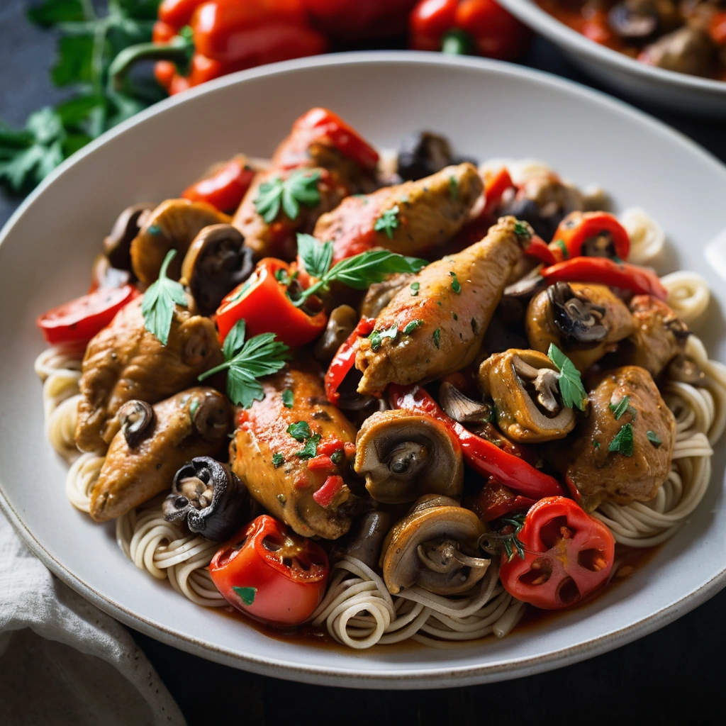 Hearty chicken cacciatore in a bowl with red sauce, mushrooms, and colorful peppers.