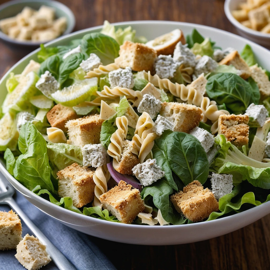 Colorful pasta salad in a large bowl with green romaine, white chicken chunks, and golden croutons