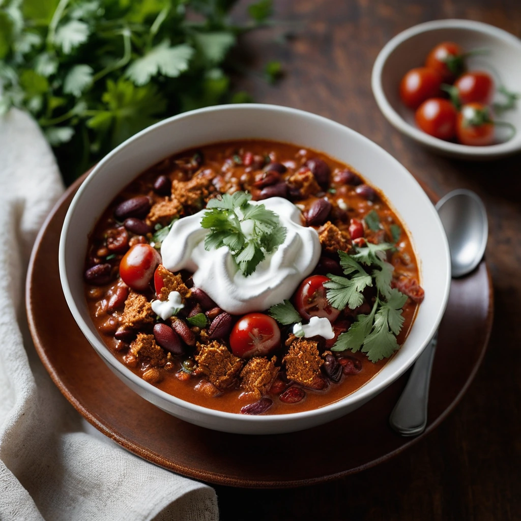 Rich red chili in a bowl topped with fresh cilantro and a dollop of sour cream.