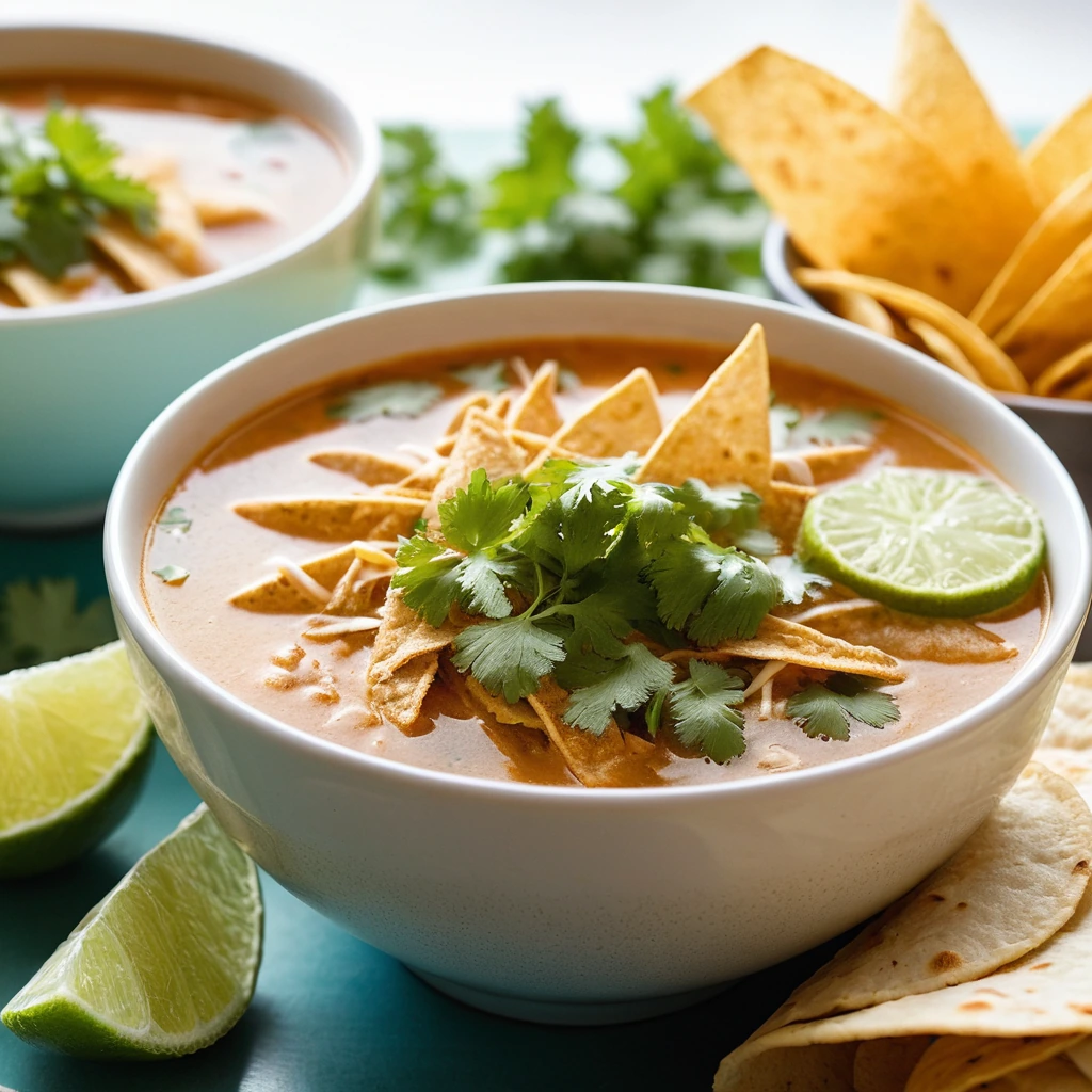 A steaming bowl of golden chicken enchilada soup topped with green cilantro and crispy tortilla strips.
